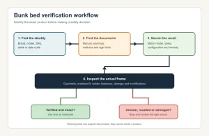 Bunk bed safety verification flow from product label to recall check and use decision