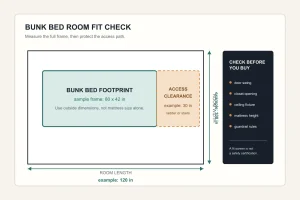 Top-down bunk bed room fit planning diagram showing the bed footprint and access clearance